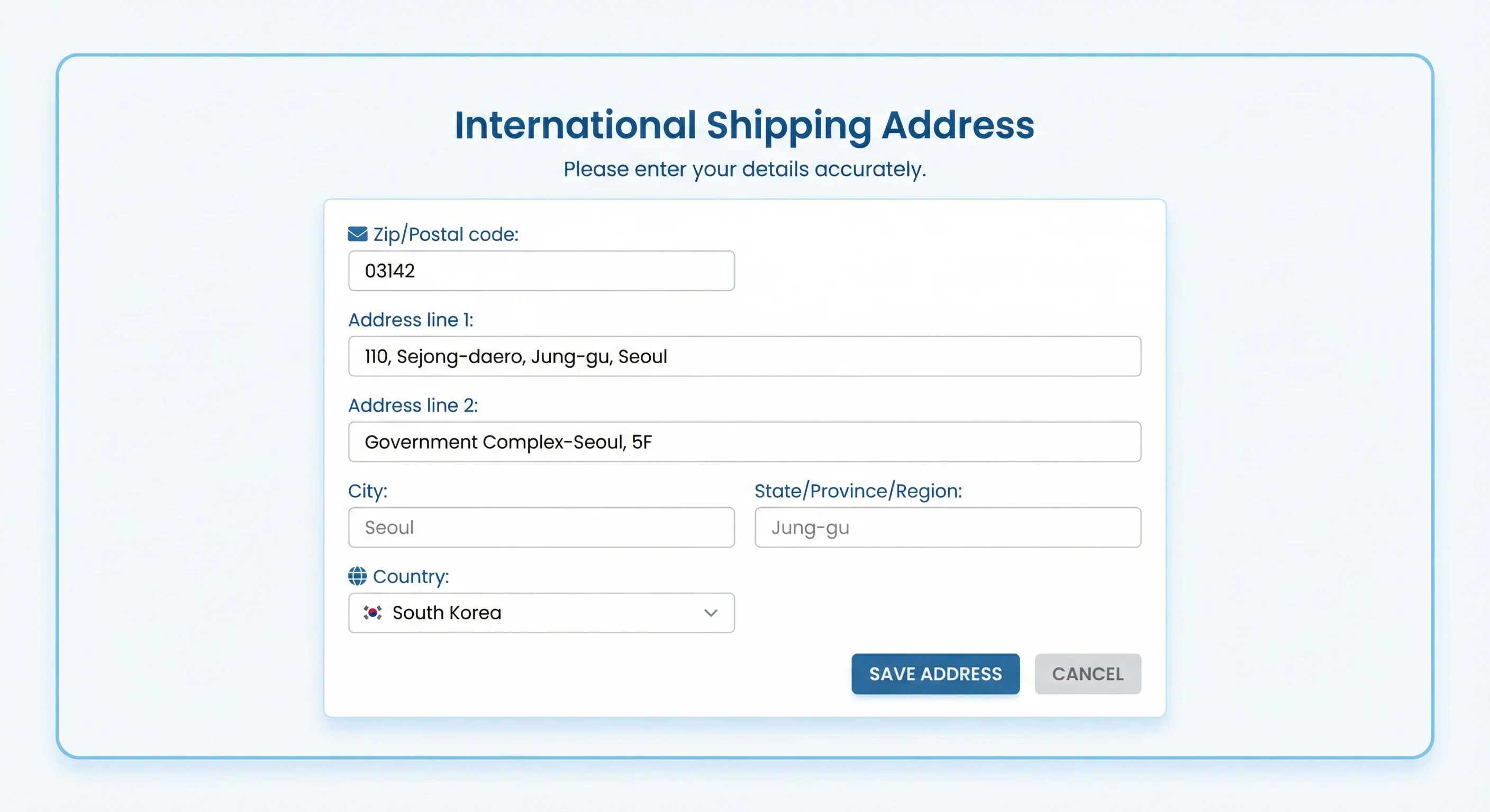 International shipping address form example